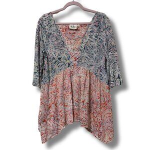 Go Fish Batik Tunic Top | Handmade Rayon Boho Flowy Hem Festival Shirt | Size L